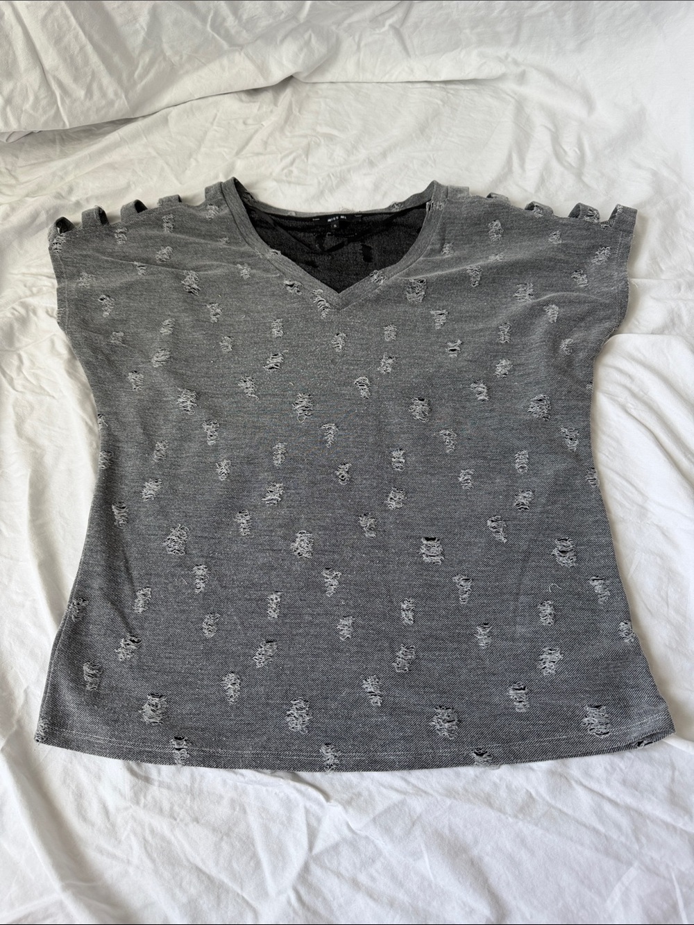 Miss Me Distressed Cut-Out Shoulder V-Neck Tee - Gray
